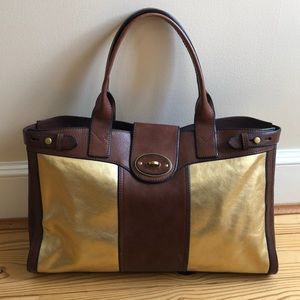 Fossil Gold and Brown Leather Tote Bag